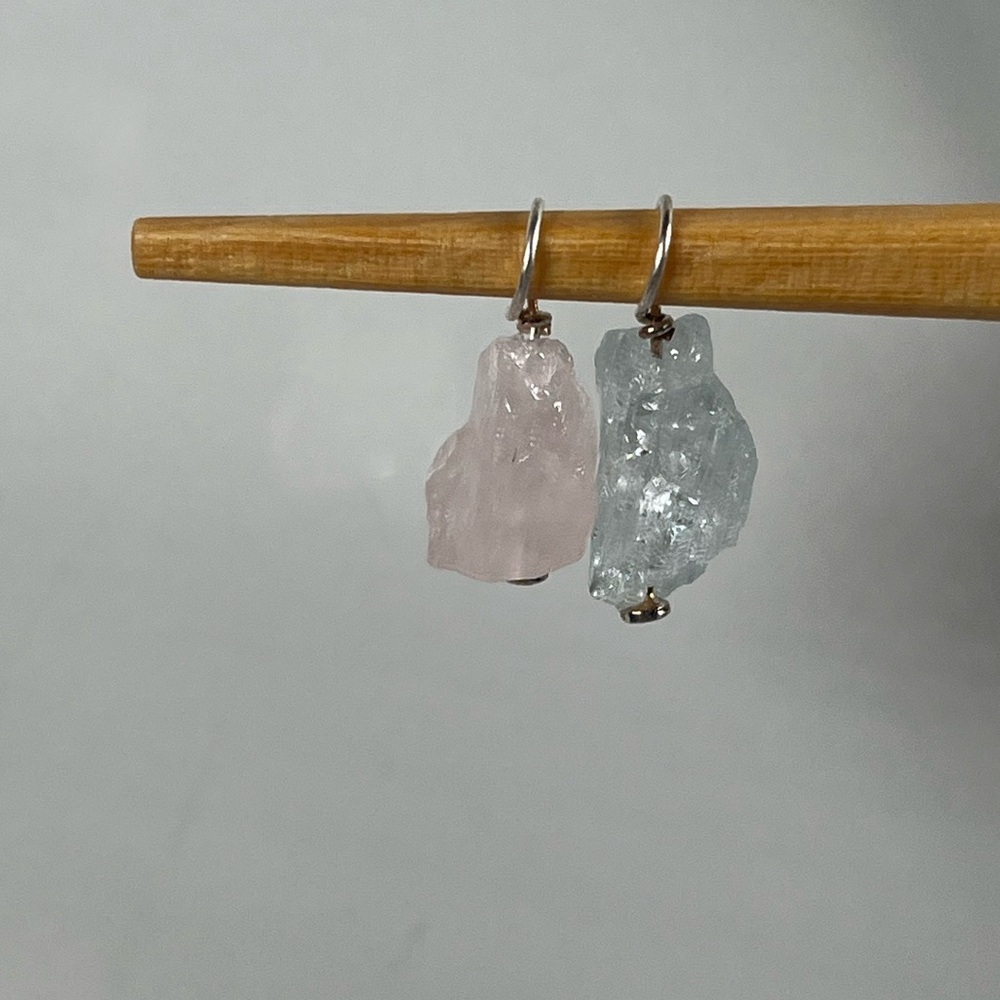 Set of 2 Sterling Silver Aquamarine Rose Quartz Gemstone Charm Pendants - Picture 2 of 6